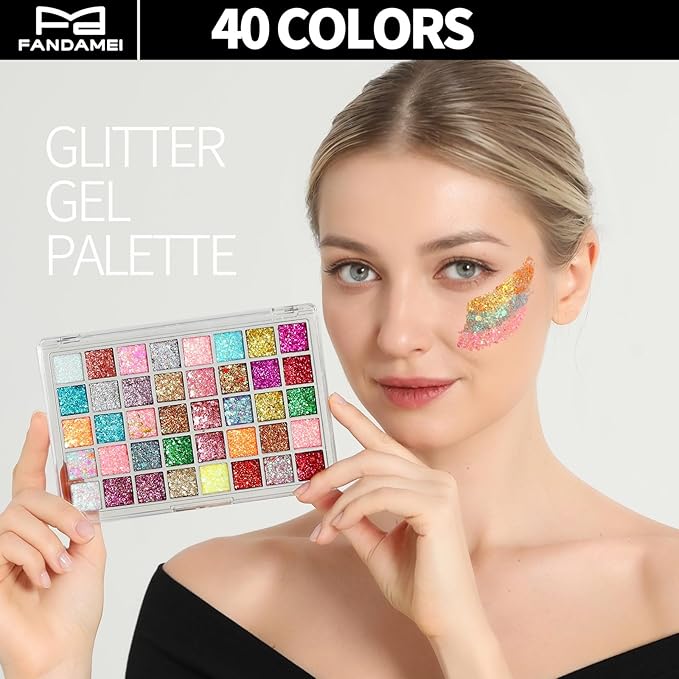 FANDAMEI Face Glitter Face Gems, 40 Colors Glitter Gel Palette with 6 Sheets Self Adhesive Hair Gems, Face Jewels for Women. Face Rhinestones Pearls for Women Kids, Body Hair Glitter