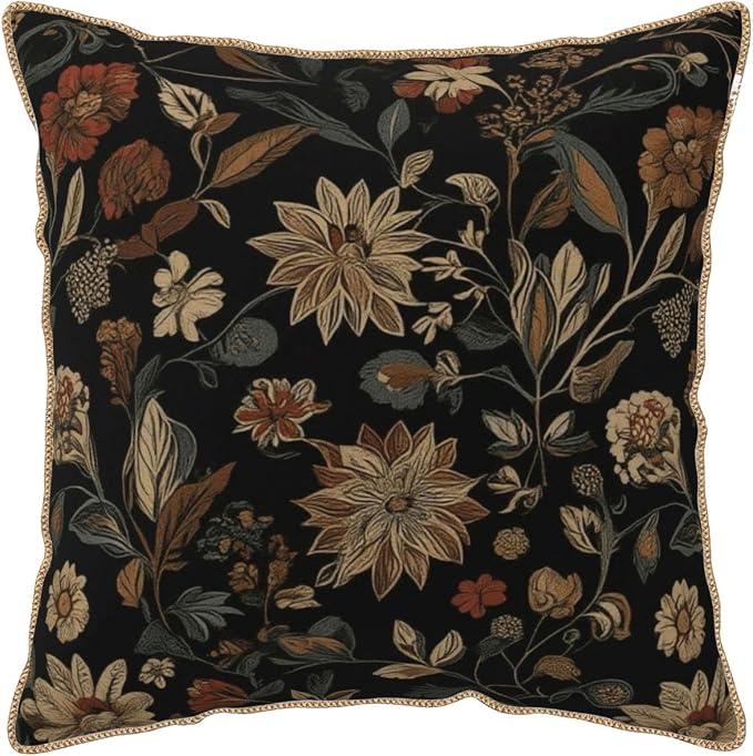 Black Boho Vintage Flowers Velvet Pillow Covers 20x20 Inch Retro Art Brown Floral Throw Pillows for Couch Cushion Covers Pillowcase Farmhouse Bohemian Pillow Cases for Sofa Bed Bedroom