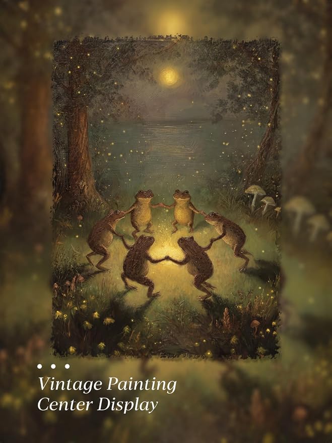 Gold Framed Wall Art, Vintage Whimsical Dancing Frogs Canvas Prints, Moonlight Woodland Animal Picture Wall Decor, Dark Academia Cottagecore Forest Artwork for Nursery Bedroom 12x16 inch