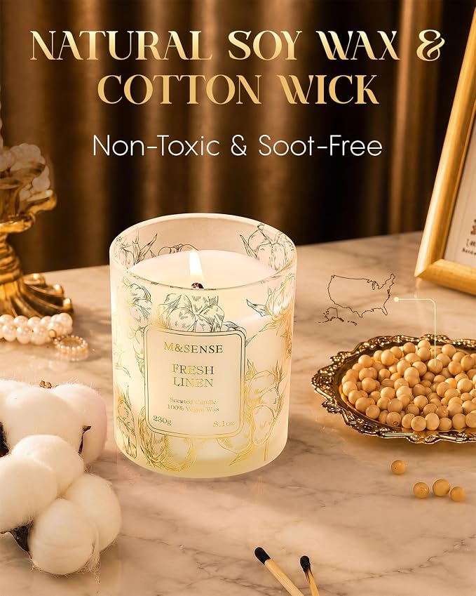 M&SENSE Fresh Linen Soy Candle, 8.1oz Gilded Glass, Home Refresh Gift | 42H Long Burn, Air Purifying Stress Relief Scent, Non-Toxic, Warmer Friendly, Reusable Jar