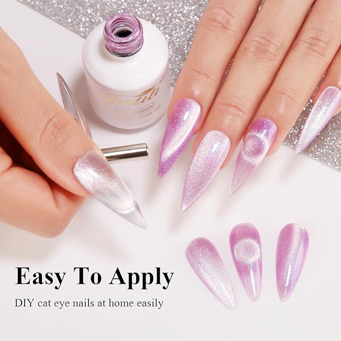 Imtiti Cat Eye Gel Nail Polish, 15ML Pink Holographic Glitter, Magnet UV LED Magnetic Gel Nail Polish Crystal Galaxy Sparkly Home DIY Manicure Nail Salon Kit