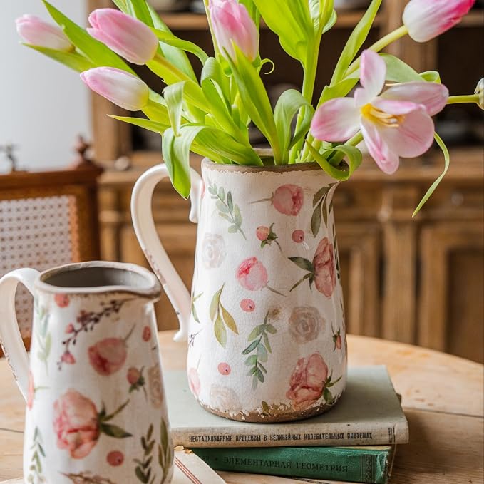 Vintage Fruit and Floral Ceramic Vase with Handle, Retro Ice Glazed Crack Farmhouse Pitcher Vase for Home Decor, Living Room, Shelf, Office, Rustic Table Centerpiece 7 Inch