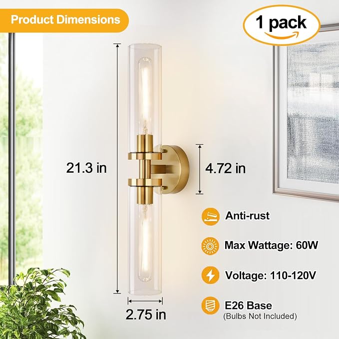 Indoi Brushed Gold Wall Sconces, Hardwired Bathroom Sconces Wall Lighting with Clear Glass, Modern Sconces Wall Light fixtures for Bathroom Mirror Living Room Hallway Bedroom