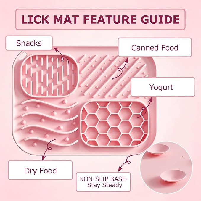 3 Piece Cat Slow Feeder Bowl Set, Silicone Lick Mat,Treat Dispenser with Long Handle Spoon, Non Slip Spill Proof for Indoor & Travel (Pink)