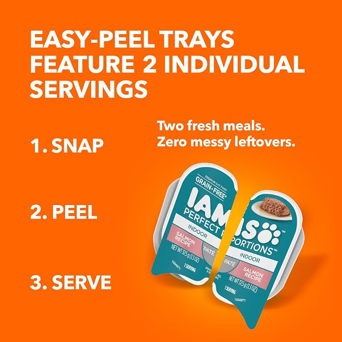IAMS Perfect Portions Indoor Adult Grain Free Wet Cat Food Pate, Turkey and Salmon Recipe, 2.6 oz. Twin-Pack Trays (12 Count, 24 Servings) (Pack of 4)