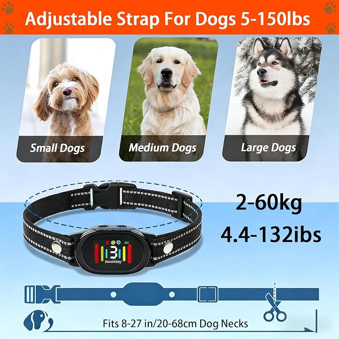 Smart Dog Bark Collar with Color LCD Screen, 3 Training Modes, Anti Barking Devic for Large Medium Small Dogs, Rechargeable IP67 Waterproof Anti-Bark Training Collar (Electrostatic)