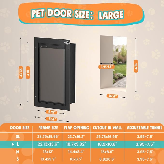 2-Flap Large Dog Door for Wall, All Aluminum Doggy Door, Pets Up to 110 LB | Magnetic Seal, Energy Efficient, Wide Telescoping Tunnel for Walls, Durable Rust Resistant, Closing Panel, Safety Locks