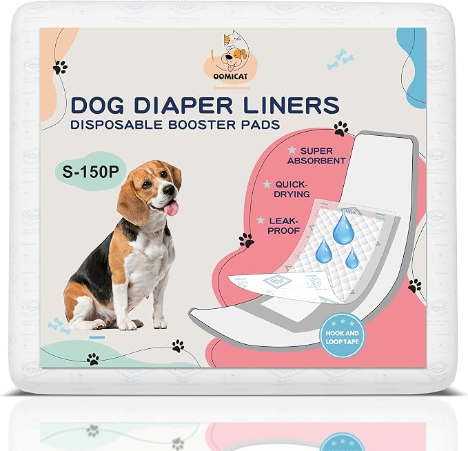Dog Diapers Liners, 150 Ct, Super Absorbent Booster Pads for Male Dog Wraps and Female Dog Diapers, Lnnovative Hook-and-Loop Tape Design, Super-fit & No Shifting, Small Dog Diaper Pads