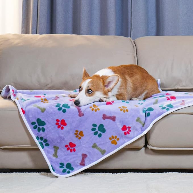 Luciphia 1 Pack 3 Blankets Fluffy Premium Fleece Pet Blanket Flannel Paw Bone Printed Throw for Dog Cat(Large 41x31'', Purple/Pink/White) | Washable Throw Blanket for Crate, Couch, Bed, Travel. Cute Paw & Bone Print. Puppy Essential, Dog Gift,Purple/Pi...
