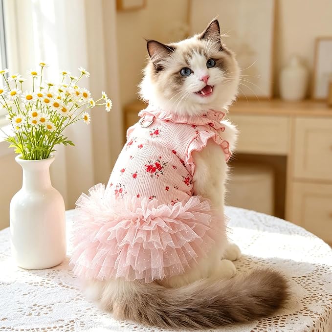 Dog Dresses for Small Dogs Girl,Floral Dog Tutu Dress,Pet Clothes for Puppy Small Cats Cute Dog Princess Skirt for Female Pet Birthday Party Outfit（Pink,X-Small）