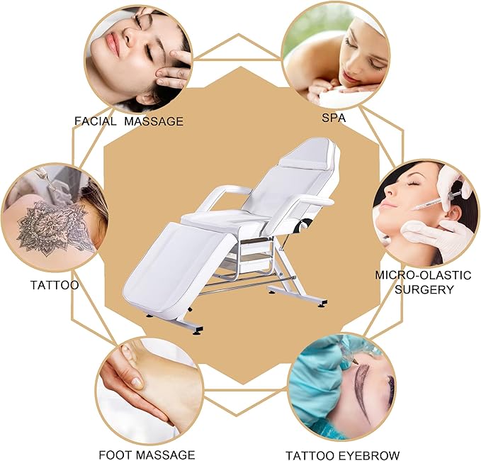 Massage Bed Tattoo Chair Massage Salon with Two Trays,Esthetician Table with Hydraulic Stool,Multi-Purpose 3-Section Facial Bed Table, Adjustable Beauty Barber Spa Beauty Equipment White
