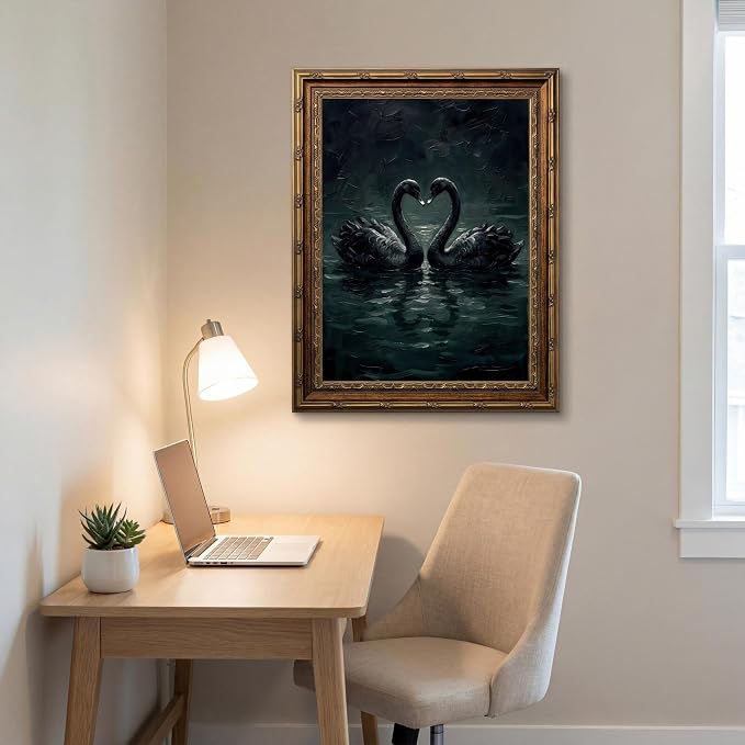 Vintage Gold Framed Gothic Wall Art Moody Love Black Swan Canvas Print | Dark Academia Swan Painting Print, Romantic Vintage Animal Poster Picture Wall decor for Bedroom Living Room Office 12x16 In