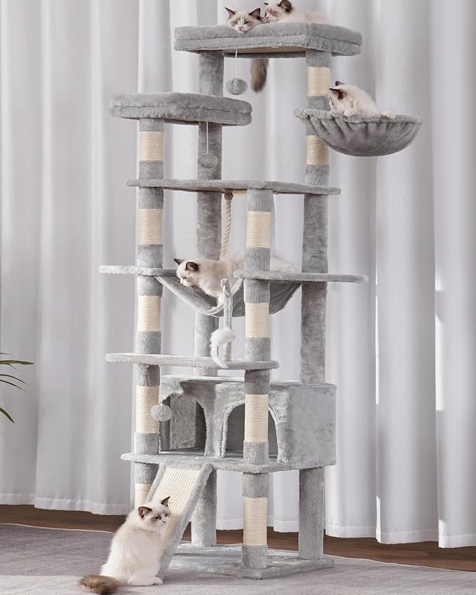 Heybly Tall Cat Tree 78-inch Multi-Level Cat Tower for Indoor Cats HCT033W | Cat Condo with 2 Widened Plush Perches, Multi-Level Cat Furniture with Scratching Board, Big Caves, Light Gray