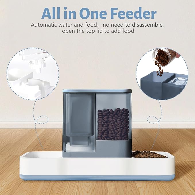 Yummy Sam Automatic Small Pet Feeder and Water Dispenser, Blue | 2 in 1 Gravity Cat Auto 1.5L Pet Feeder and 1L Waterer Set, Feeder Dish for Small Medium Pets Dog Puppy Kitten