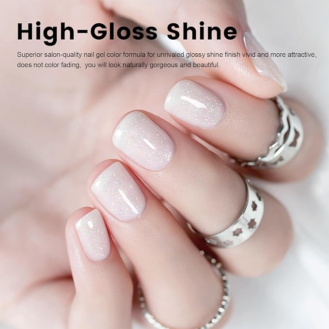 RARJSM Nude Milky White Gel Nail Polish Blue Tone Rainbow Glitter Chunky Iridescent Sparkle Shimmer Diamond Jelly Transparent Gel Polish Single Bottle Soak off UV LED Cured for Home Salon Manicure