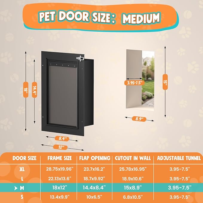 2-Flap Medium Dog Door for Wall, All Aluminum Doggy Door, Pets Up to 45 LB | Magnetic Seal, Energy Efficient, Wide Telescoping Tunnel for Walls, Durable Rust Resistant, Closing Panel, Safety Locks