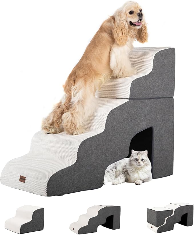 Garnpet Dog Stairs for High Beds with Tunnel, 5-Step Dog Steps for Small Dogs and Cats, Foldable Pet Stairs for High Bed Climbing, Non-Slip Balanced Pet Step Indoor, Beige