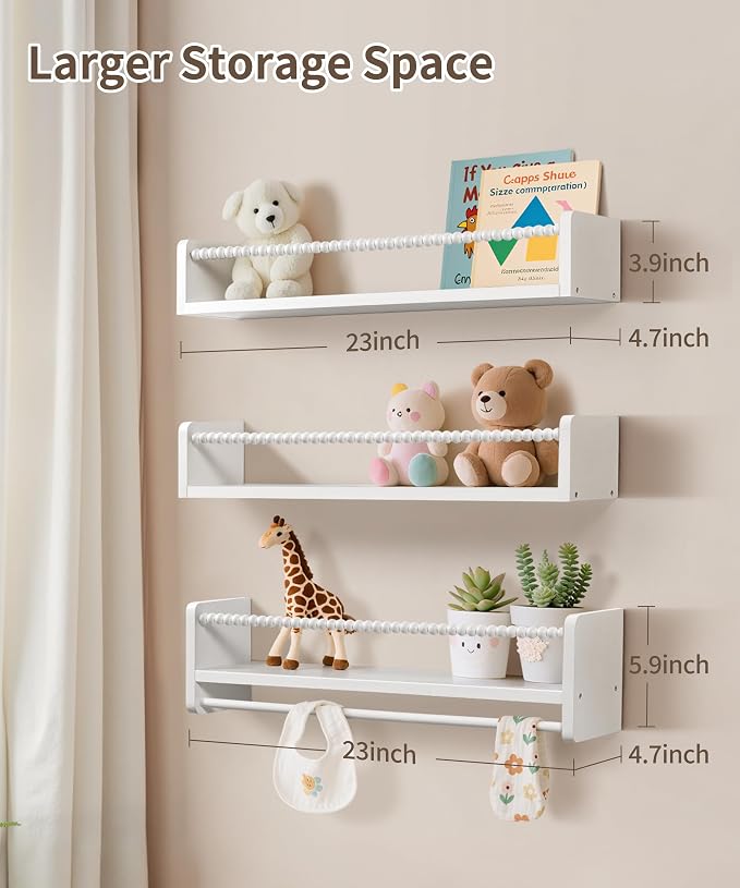 Maxpeuvon Kids Bookshelves for Wall, 23 Inch White Floating Shelf Set of 3 | Natural Wood Nursery Shelves with Towel Bar, Wall Storage for Books, Toys and Decor, for Kids Room, Bedroom, Living Room