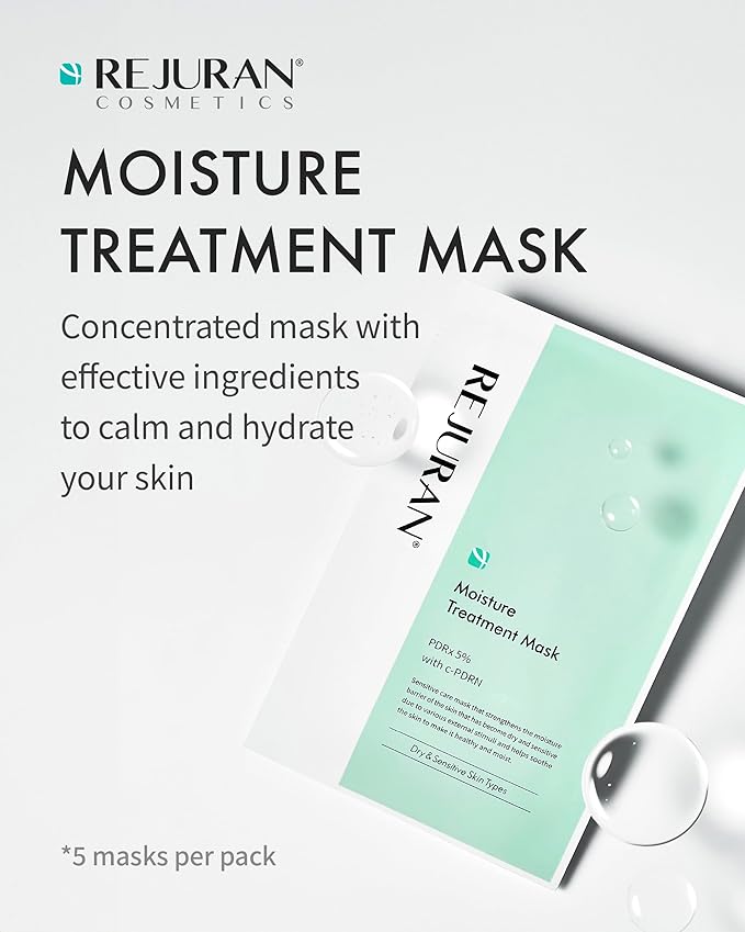 REJURAN® Moisture Treatment Mask, c-PDRN® - Hydrating Facial Sheet Mask, Repairs Skin Barrier and Retains Moisture with PDRx, Korean Skin Care 5-Pack
