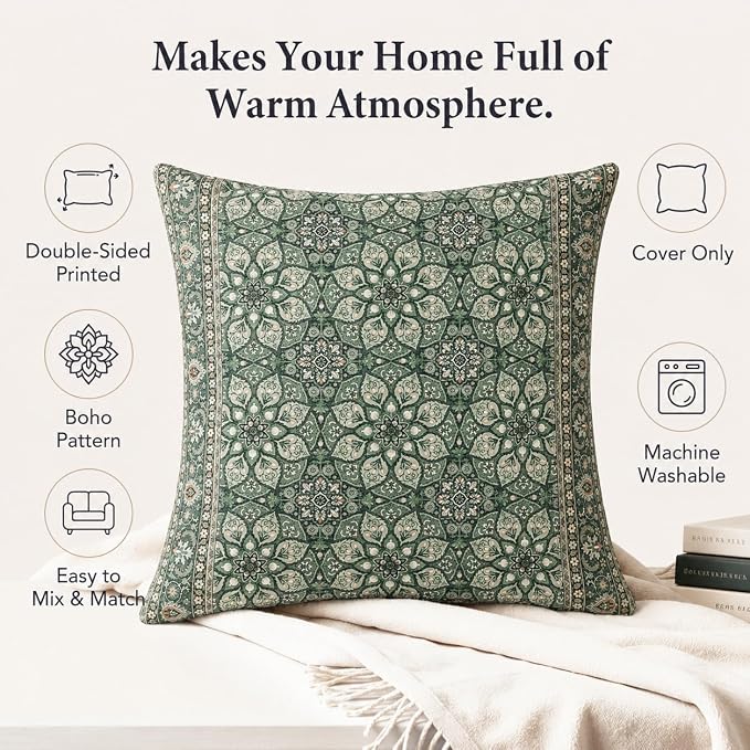 Boho Throw Pillow Covers 18x18 inch Set of 2,Soft Pillowcases Bohemia Carpet Printing Pattern Decorative Sofa Living Room Bed Square Pillow Case Cushion Cover-Green Flower