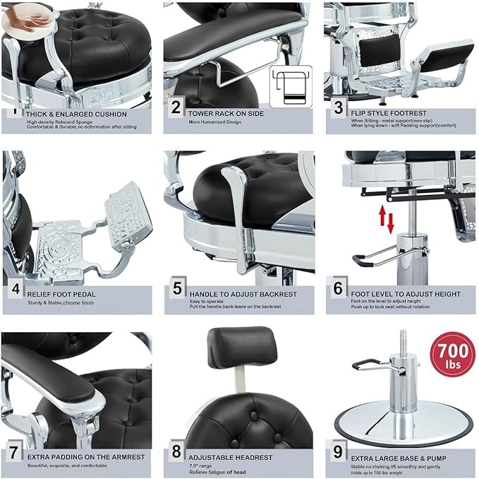 Kaleurrier Salon Chair Height Adjustable - Reclining Barber Chair - Professional Hair Styling Chairs for Barbershop Home Beauty Tattoo Massage - Salon Furniture Equipment Black