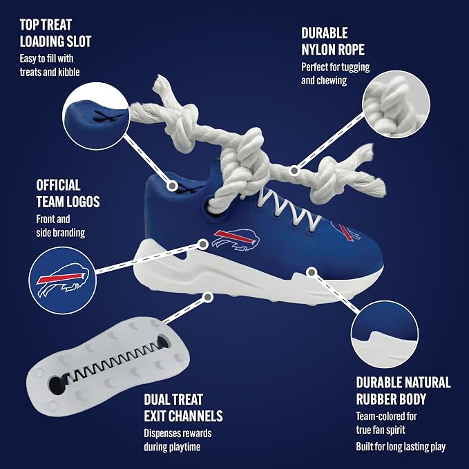 Pets First NFL Buffalo Bills Cleat Sneaker Spike Dog Toy, Football Treat Dispenser Chew Toy for Dogs, Interactive Rope Tug Toy, Slow Feeder Natural Rubber Dog Toy with Official Team Logo