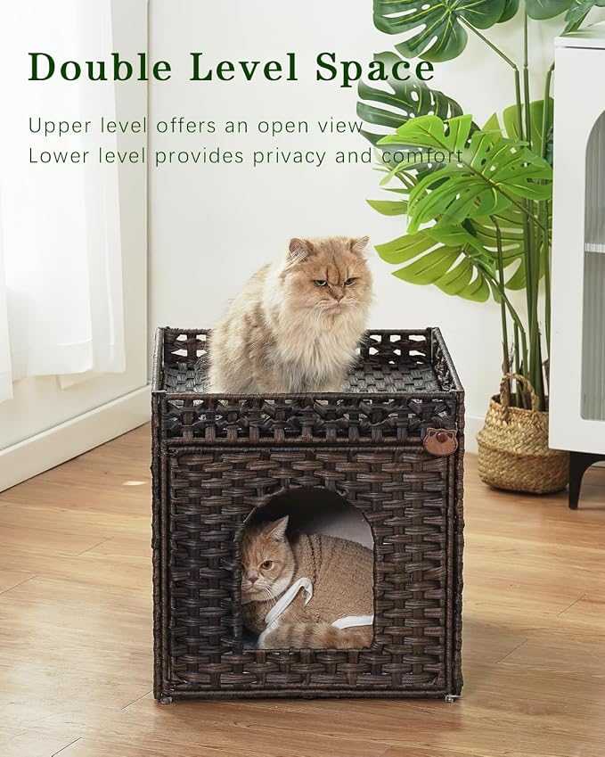 SETVSON Cat Beds for Indoor Cats Extra Large Double PE Rattan, Brown | Spacious Indoor Cat House Condo for Multi-Cats, Dual Layer Hideaway Cave, Reversible Cushion, Collapsible Metal Frame