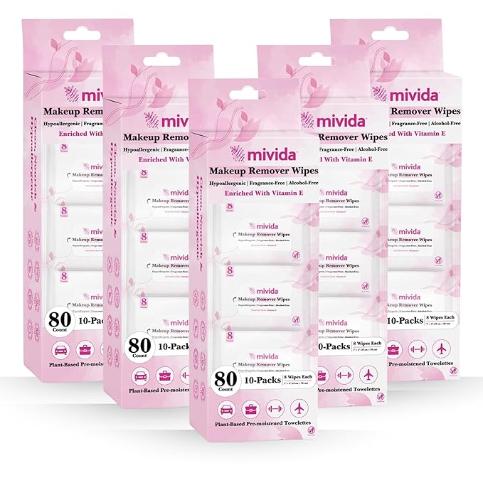 mivida Hypoallergenic Mini Pack Makeup Remover Wipes Bulk with Vitamin E, Alcohol Free, Fragrance Free Makeup Wipes for Sensitive Skin, Travel Size - 5 Bags of 10 Packs (400 Total Count)