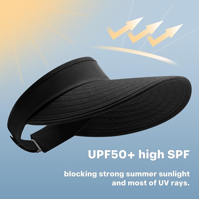 WANDER Sun Visor Hats for Women Wide Brim UV Protection Adjustable Large Golf Beach Cap Packable Travel Sport Visor
