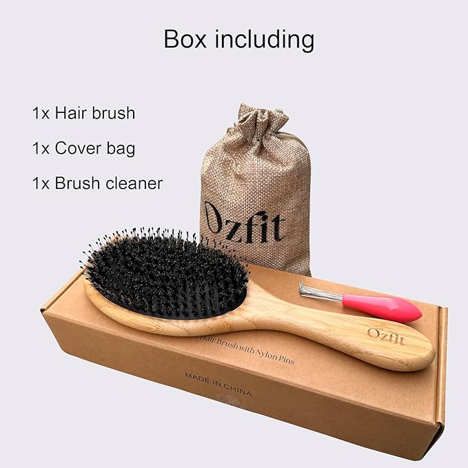 OZFIT Round Hair Brush - Boar & Nylon Bristles for Women, Men & Kids - Smoothing, Massaging & Detangling Wet/Dry Hair - Enhances Shine & Health