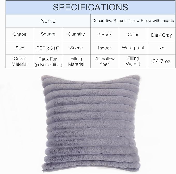 Decorative Throw Pillow with Inserts, Set of 2 Soft Faux Fur Throw Pillows, Square Boho Striped Pillow for Couch, Bed, Sofa Decor (Gray, 20" x 20"(Pack of 2))