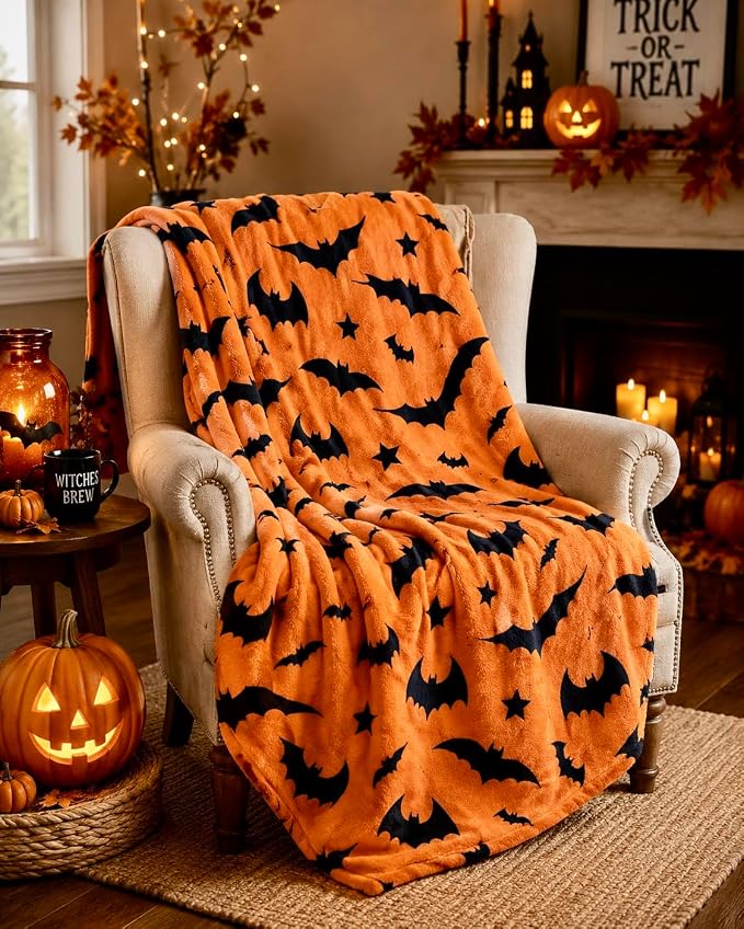 Halloween Fleece Throw Blanket, Black Bats on Orange background, 50x70 in | Ultra-soft cozy flannel fleece, for sofa couch bed chair & dorms, spooky Halloween décor, durable and machine washable.