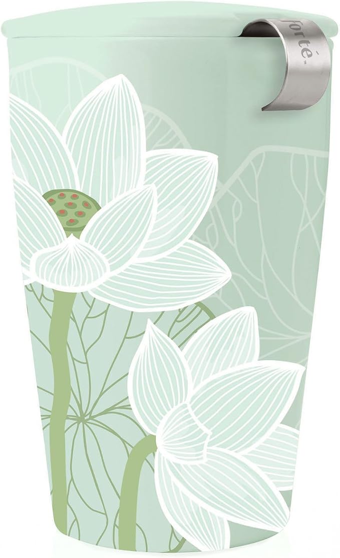 Tea Forte Double-Walled Ceramic Kati Cup, Removable Stainless Steel Infuser Basket and Lid, Steeps 12 oz Loose Leaf Tea, Dishwasher & Microwave Safe, Lotus Blossom