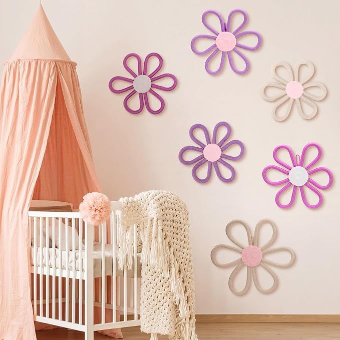 Barydat 6 Pcs Boho Nursery Decor Daisy Flower Woven Macrame Wall Hanging 3 Size Daisy Flower Wall Decor Bohemian Nursery Decorations for Home Dorm Art
