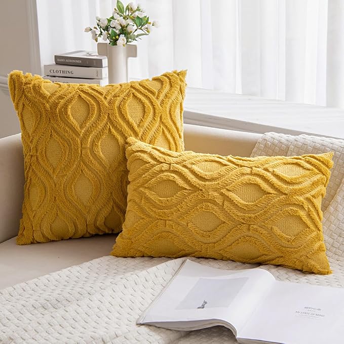 MIULEE Fall Mustard Yellow Plush Faux Wool Lumbar Throw Pillow Covers 12x20 | Set of 2, Farmhouse Boho Home Decor, Decorative Cushion Covers for Sofa, Living Room, Bed
