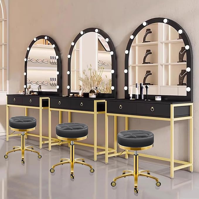 Gold Rolling Vanity Stool with Wheels, Salon Spa Tattoo Massage Pedicure Chair, PU Leather Roller Chair, 43-55cm Height Adjustable Office Work Swivel Stool (Black, Without Back)