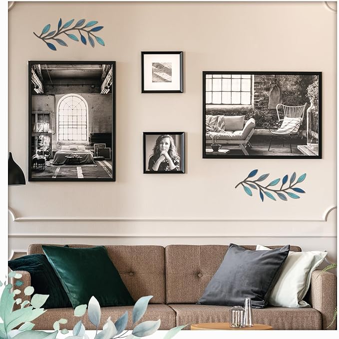 Zhengmy 2 Pcs Metal Leaf Wall Art Vine Branch Decor,Vintage Blue | Olive Branch Metal Decor for Living Room Hallway, Symmetrical Leaf Pair for Doorway Entryway, Lightweight Hanging Art Design
