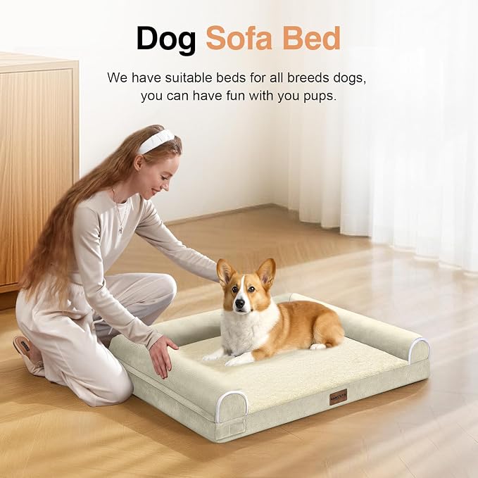 Orthopedic Dog Bed for Small Dogs, 24 x 16 Inch, Beige | Egg crate foam for joint support, 3-sided bolster pet sofa, waterproof lining, washable cover, and non-skid base