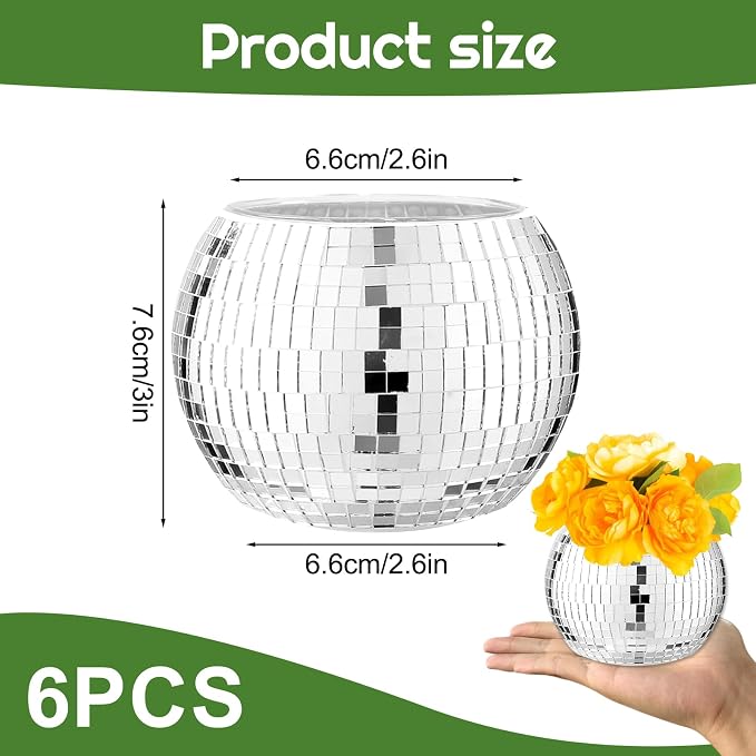 6 Pcs Silver Mirror Disco Vase - 3" X 4" Disco Ball Vase for Centerpieces, Glass Planter Candle Holder for Wedding, Birthday, Party, Office, Bedroom