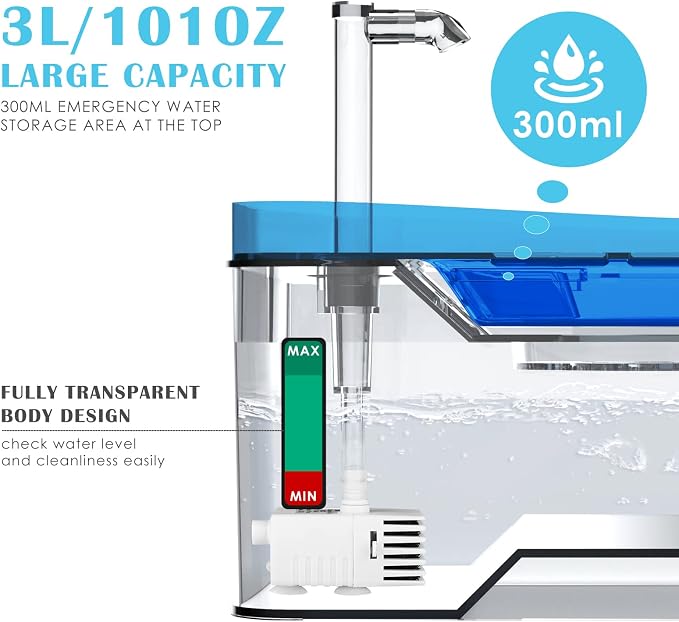 PETNF Blue Pet Water Fountain, 101oz/3L Automatic Cat and Dog Water Dispenser with LED Light, Ultra Quiet Pump, 3 Flow Settings & 2 Filters