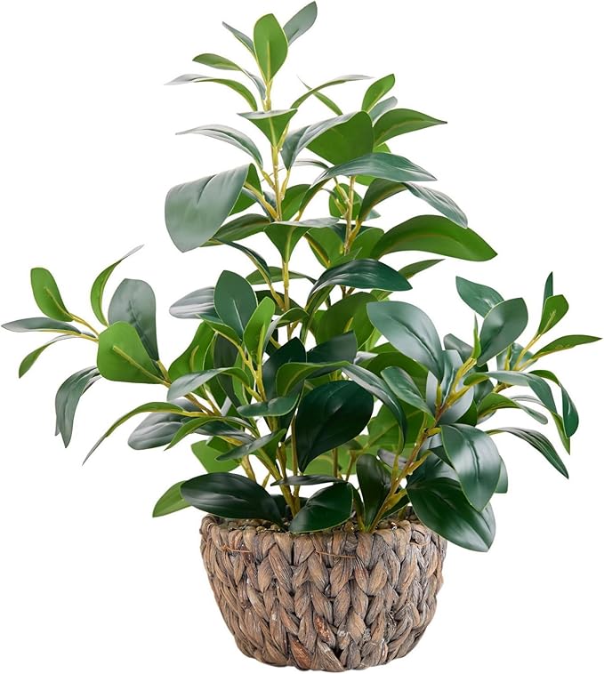 AlphaAcc Fake Indoor Ficus Plant in Rattan Basket Planter Home Office Decor | Realistic 18.8“ faux ficus plant in woven rattan basket with pebbles ideal home living room office table desk shelf decor
