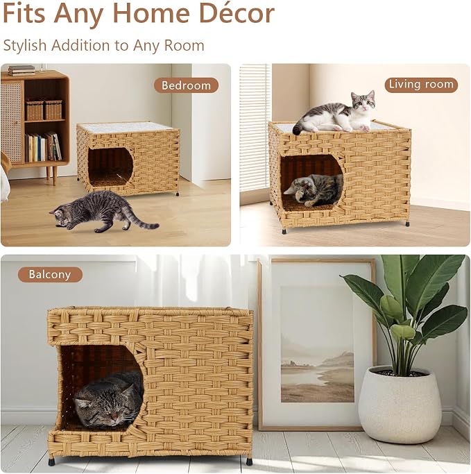 Cat House for Indoor Cats - Wicker Cat Bed with Double-Sided Soft Cushion, Decorative Handwoven Pet Bed Furniture