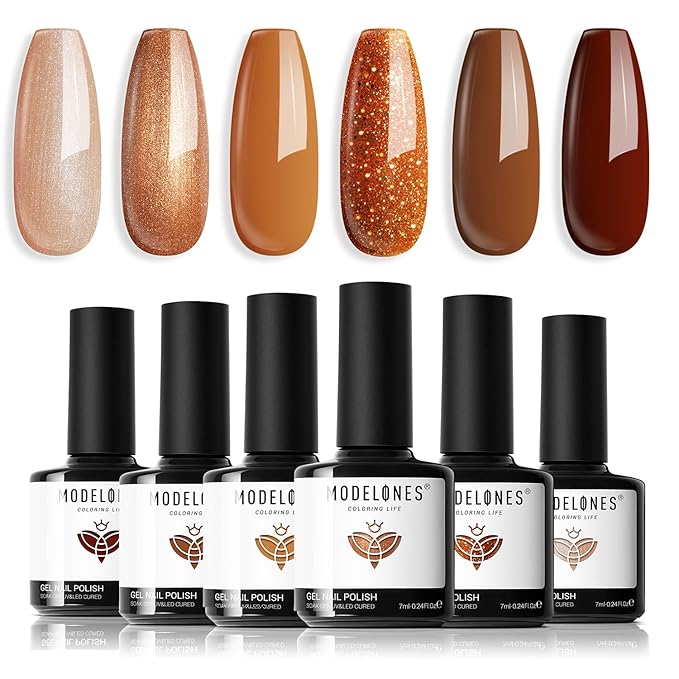 modelones Gel Nail Polish Set, 6 Colors Winter Dark Nude Brown Gel Polish Glitter Pearl Cinnamon Tawny Orange Cherry Mocha Nail Polish All Skin Tones Soak OFF LED Nail Art DIY Gift