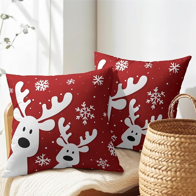 Kawani Christmas Deer Throw Pillow Covers 20x20 Inches, Set of 2 Red Xmas Reindeer Snowflakes Cotton Linen Pillowcase Soft Farmhouse Cushion Case for Couch Sofa Bed Living Room Decor