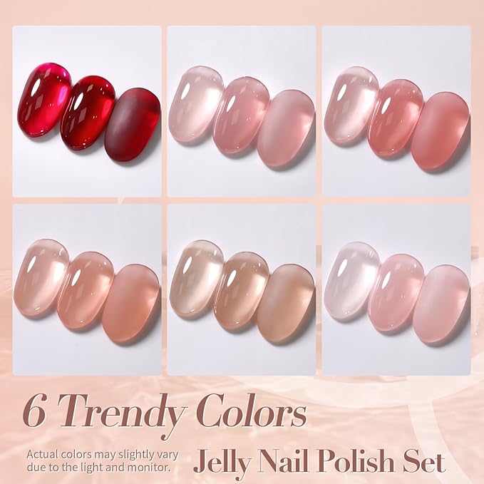 Born Pretty Jelly Nail Polish Set, 6 Colors Sheer Nude Natural Red Pink Brown Colors Quick Dry Nail Polish Jelly Transparent Spring Summer Fingernail Polish for DIY Nail Art Salon Home Gifts