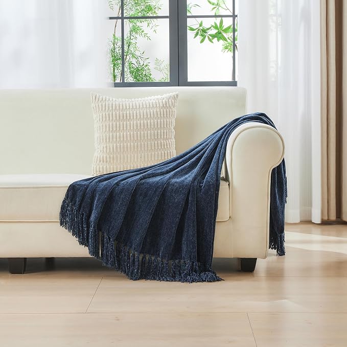 CozeCube Chenille Throw Blanket, Navy Blue Fringe Blanket, 50"X60" | For Couch, Cozy Plush Fuzzy Decorative Blanket with Fringe Tassels, Lightweight Throws for Bed Sofa Gift Home Decor