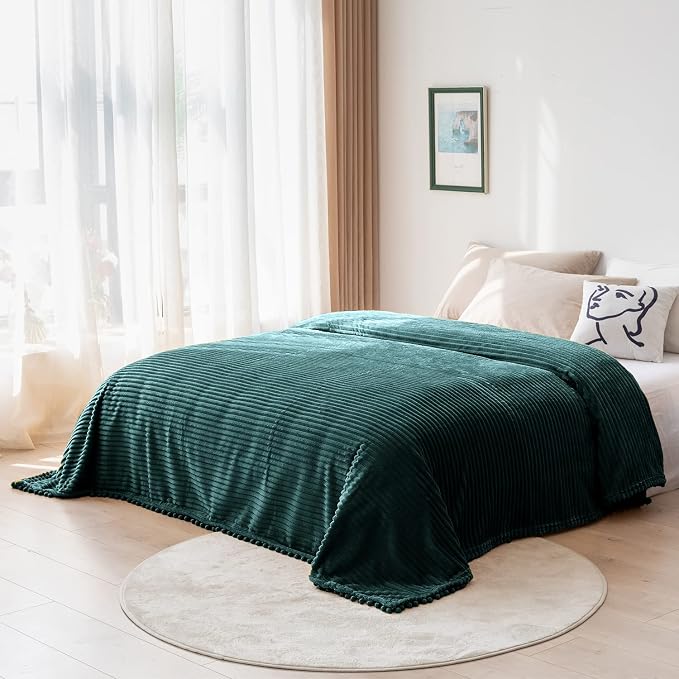 DISSA Fleece Blanket Twin Size – 60x80, Green - Soft, Plush, Fluffy, Fuzzy, Warm, Cozy – Perfect Throw for Couch, Bed, Sofa - with Pompom Fringe - Flannel Blanket