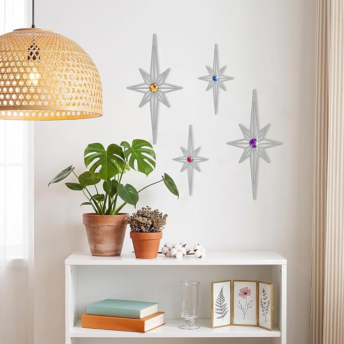sxnzequnze 4 Pcs Star Wall Art for Home Decor Living Room Bedroom Office Metal 3D,Bling,with Hanging Hook Starburst Midcentury Sculpture Retro Gallery Accent Celestial -Silver 16.5in/9.4in