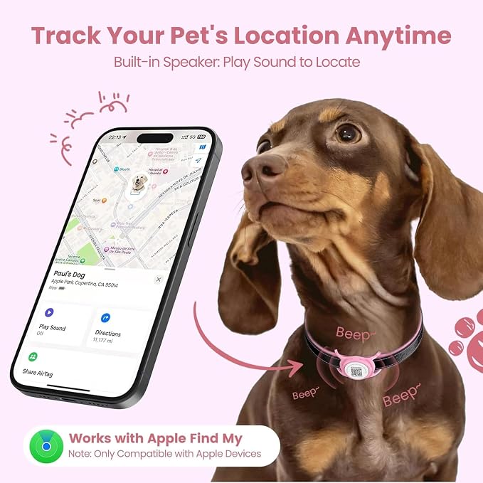 Smart Pet Tracker for Collar - Dog Trackers Location for Pet with Holder, No Monthly Fee, Real-Time Tracking, iOS Only, IPX6 Waterproof, Long-Lasting, Anti-Lost Tracker for Cats, Bag Straps,Pink
