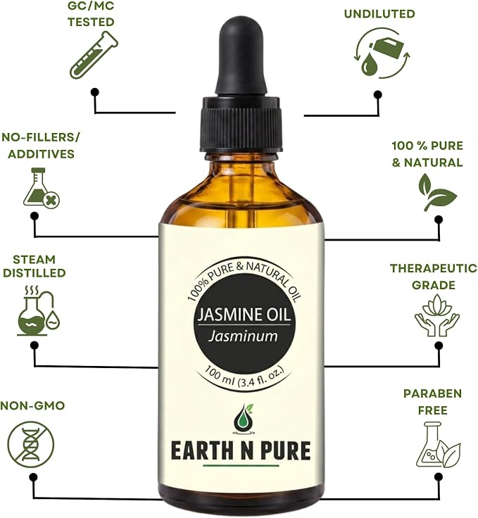 Earth N Pure Jasmine Essential Oil | 100% Pure, Natural & Undiluted | Steam Distilled | Relaxation, Radiant Skin & Nourished Hair | 100ml